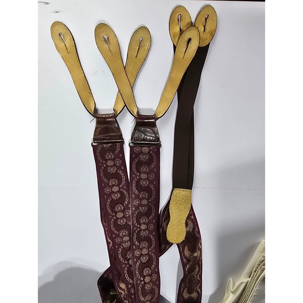 Suspenders Mens OS Burgundy Gold Floral Leather Trim Solid Brass